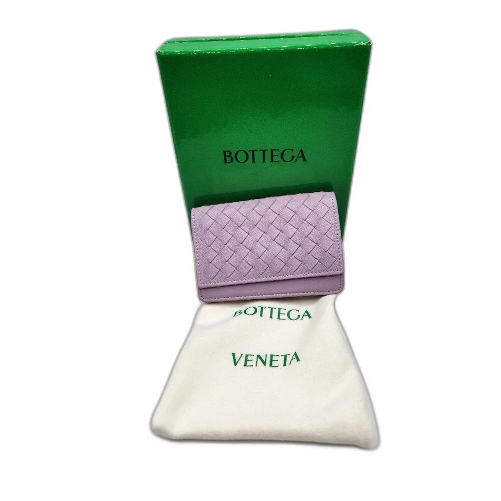 Bottega Veneta Lilac Intrecciato Leather Card Case Wallet Snap Closure w/ Box - Picture 2 of 11